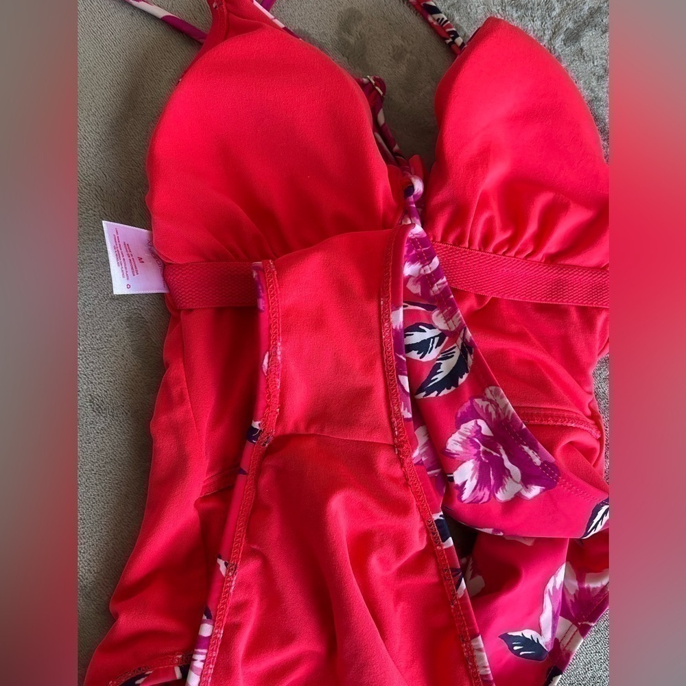 Xhilaration One Piece Swimsuit Medium Red Floral Lace Up Front - Picture 6 of 7